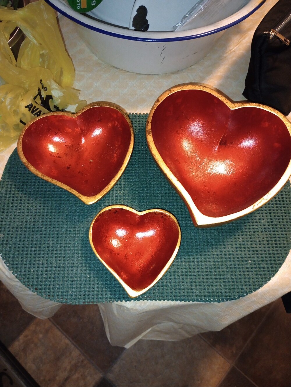 Set of 3 Wooden Heart-Shaped Nesting Decorative Bowls - Red with Gold Trim